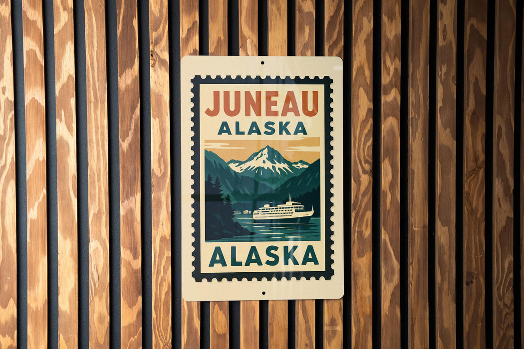 a sign that reads "Juneau Alaska" with a mountain landscape and a boat in the background.