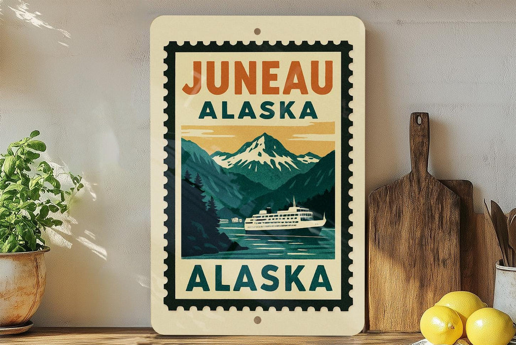 a vintage-style sign for Juneau, Alaska, with a mountain landscape and a boat on the water.