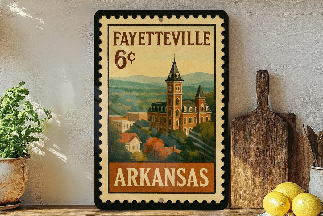 A framed vintage-style poster of Fayeville, Arkansas, featuring a castle-like building surrounded by trees and mountains.