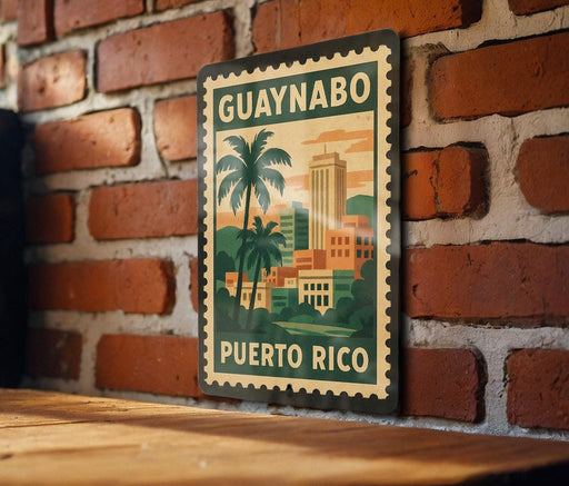 A vintage-style metal stamp depicting the city of Puerto Rico, with palm trees and buildings in the background.