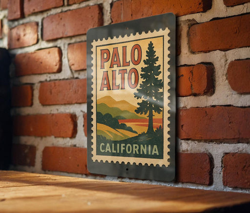 A vintage-style metal sign with the text "PALO ALTO CALIFORNIA" displayed on a brick wall.