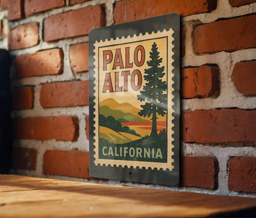 A vintage-style metal sign with the text "PALO ALTO CALIFORNIA" displayed on a brick wall.