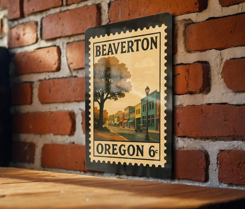 A metal sign with a vintage-style illustration of a town street and buildings, mounted on a brick wall.