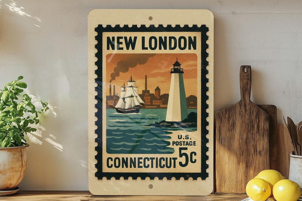 A vintage postage stamp from New London, Connecticut, featuring a lighthouse and a ship on the water, displayed on a shelf next to a wooden cutting board and some lemons.