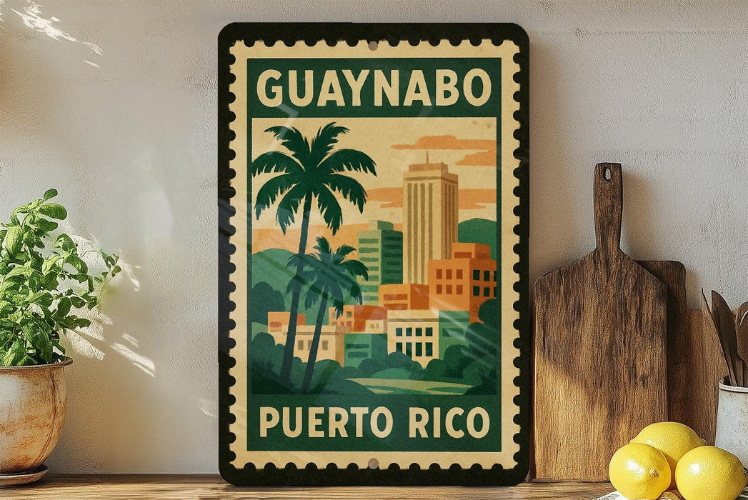 A vintage-style poster of Puerto Rico featuring palm trees and a cityscape, displayed on a wall next to a wooden cutting board and a potted plant.