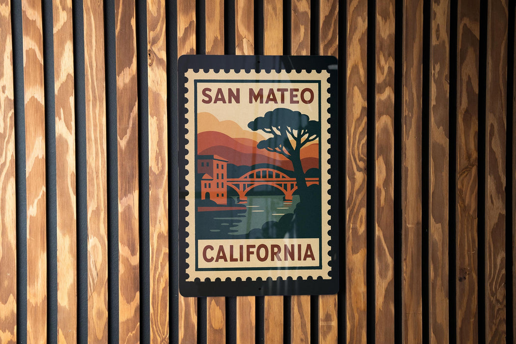 A vintage-style postage stamp from San Mateo, California, featuring a scenic landscape with a bridge and trees.