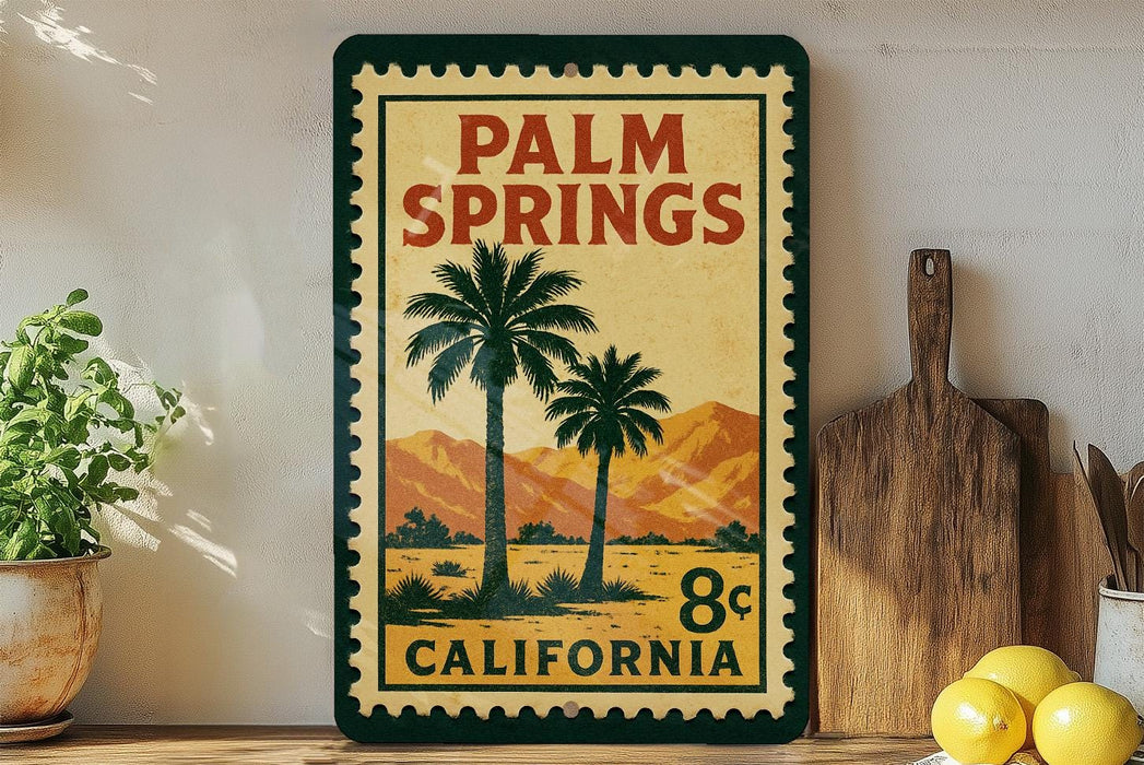 A vintage-style sign for Palm Springs, California, featuring palm trees and mountains, is displayed on a shelf next to a wooden cutting board and some lemons.