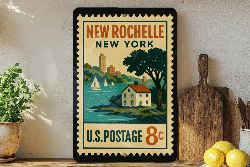 A vintage postage stamp from New Rochelle, New York, featuring a house and sailboats on a body of water.