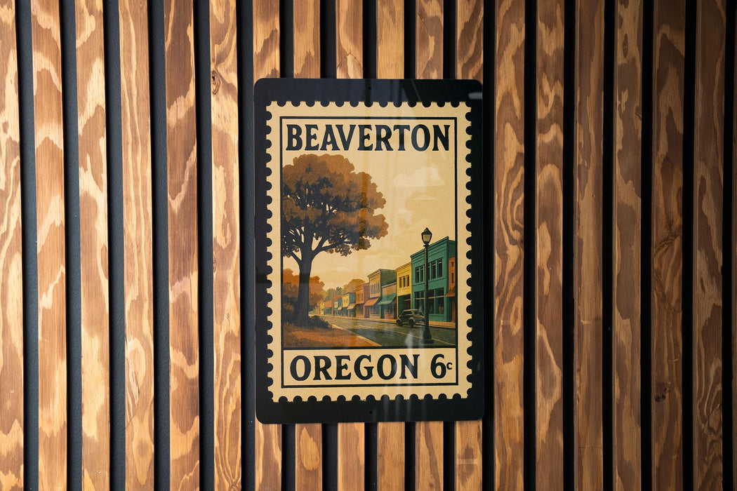 A vintage-style postage stamp from Beaverton, Oregon, featuring a street scene with buildings and a tree.