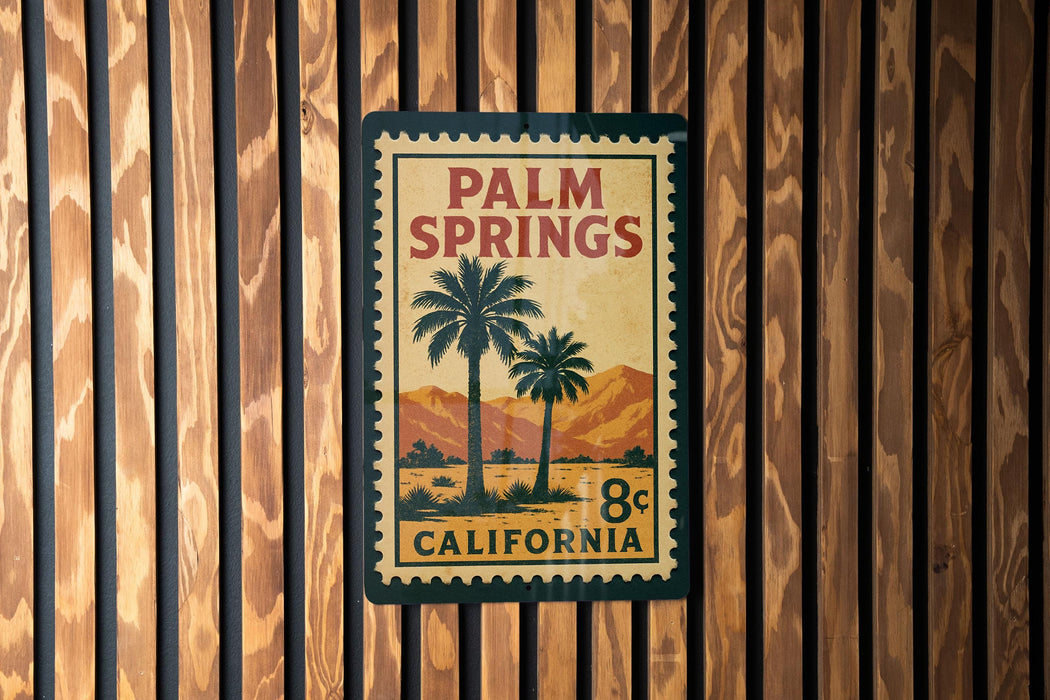 A vintage-style poster of Palm Springs, California, featuring palm trees and mountains, is displayed on a wooden wall.