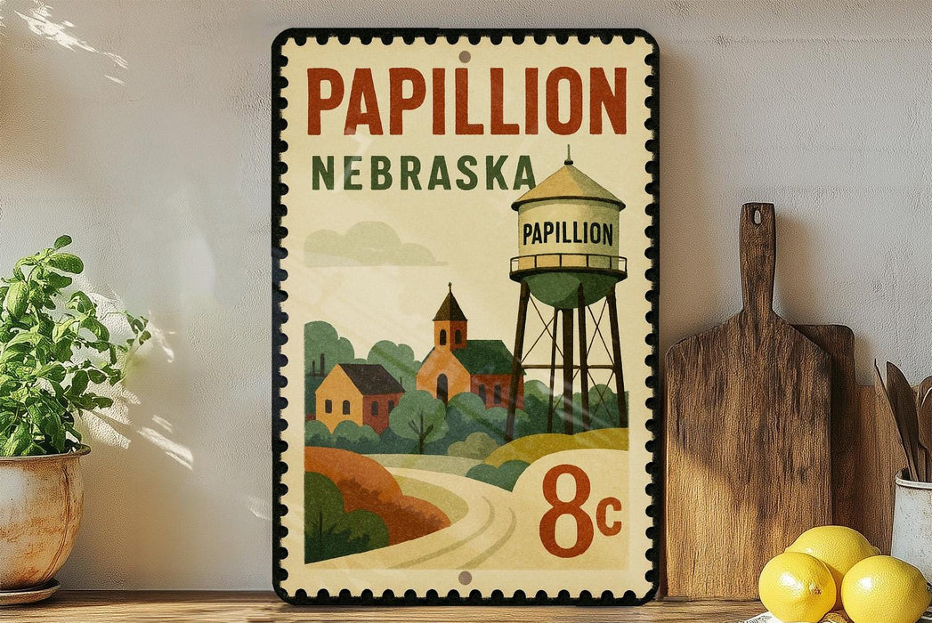 A vintage-style metal sign for Papillion, Nebraska, featuring a water tower and a small town landscape.