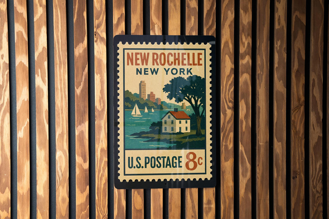 A vintage postage stamp from New Rochelle, New York, featuring a house and sailboats on a body of water.