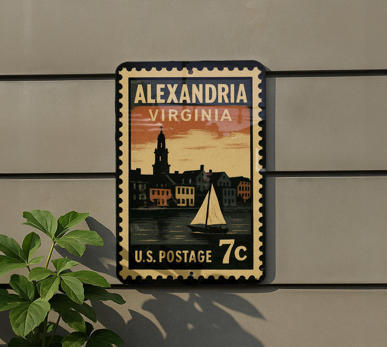 A vintage-style postage stamp from the United States, featuring a sailboat and a cityscape, mounted on a wall.