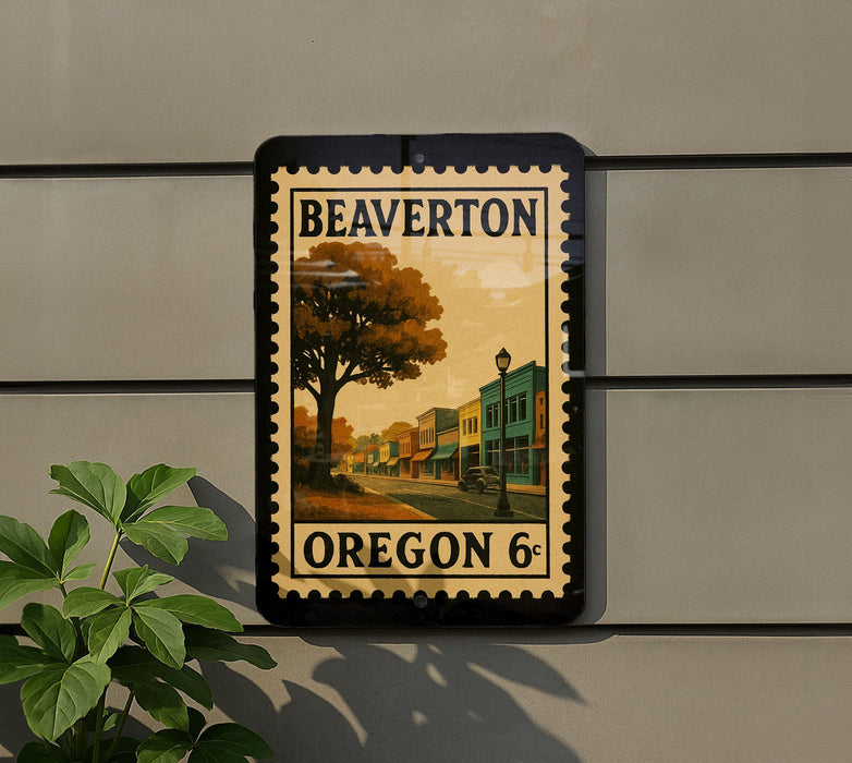 a sign for Beaverton, Oregon 6°C, mounted on a wall next to a plant.