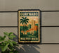 A vintage-style postage stamp depicting the city of Puerto Rico, with palm trees and buildings in the background.