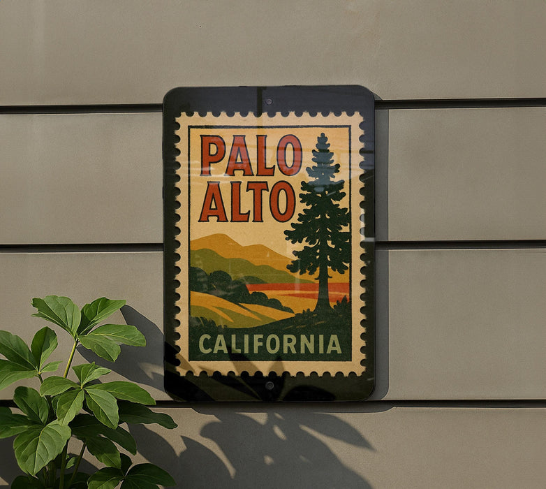 A vintage-style sign for the town of Palo Alto, California, featuring a pine tree and a landscape scene.