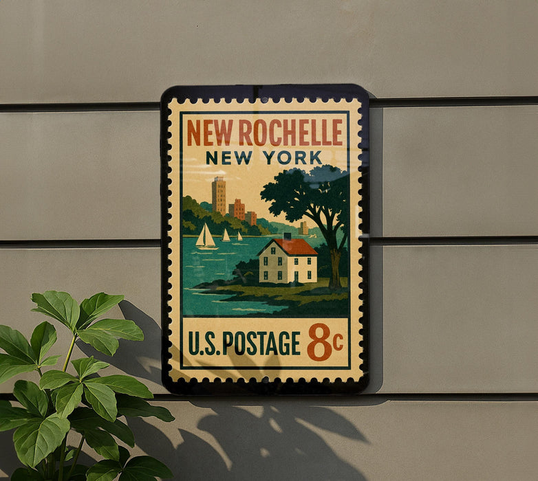 A vintage postage stamp for New Rochelle, New York, featuring a house, trees, and a body of water, mounted on a wall.