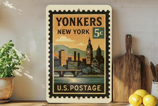 A vintage postage stamp from the United States, featuring an illustration of a cityscape with a clock tower, displayed on a shelf next to a wooden cutting board and some potted plants.