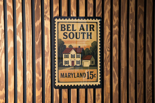 A framed poster with the text "BEL AIR SOUTH" and "MARYLAND 15¢" is displayed on a wooden wall.