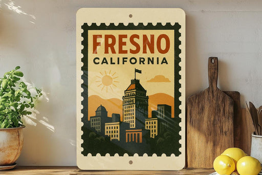 A framed poster of the city of Fresno, California, with a vintage-style illustration of the city skyline and a sun in the background.