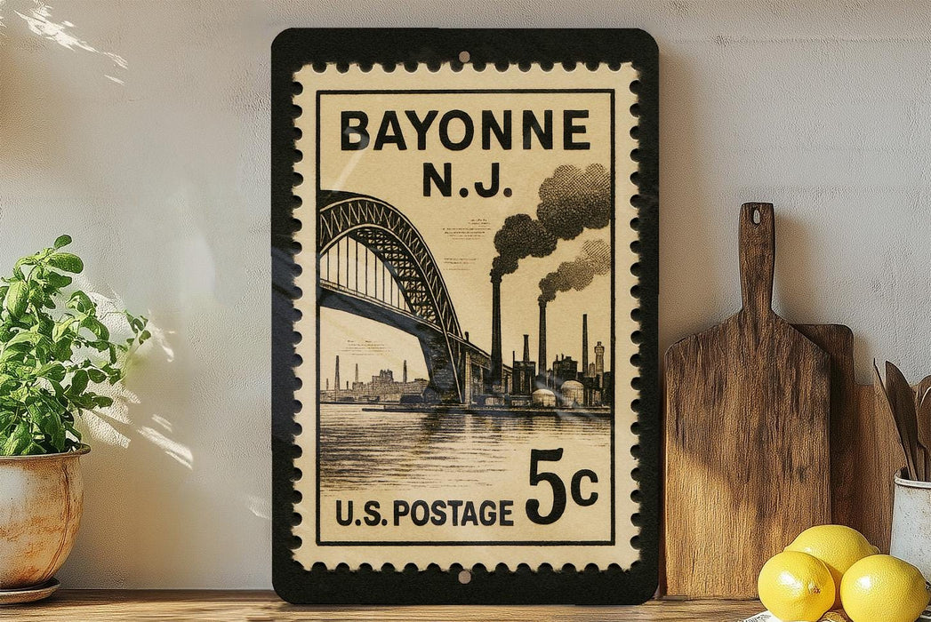 Bayonne, New Jersey postage stamp with a bridge and steam pipes, 5 cents, and a wooden cutting board and lemons on a shelf.