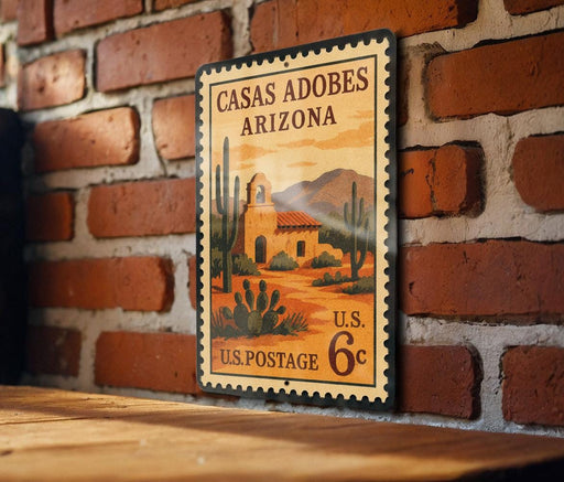 A vintage U.S. postage stamp from Casas Adobes Arizona, featuring a desert landscape with a building and cacti, mounted on a brick wall.