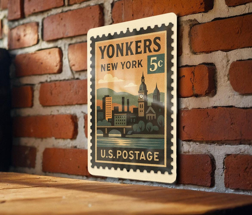 A vintage postage stamp from the United States, featuring a cityscape and a clock tower, is displayed on a brick wall.