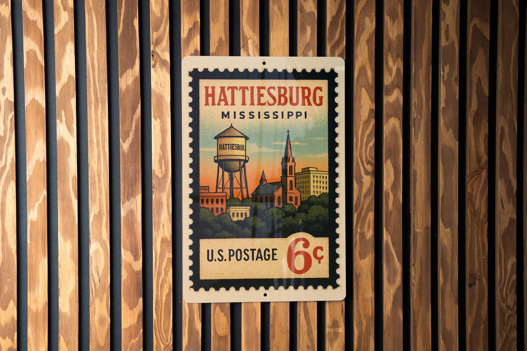 A vintage postage stamp from the United States, featuring the town of Hattiesburg, Mississippi.