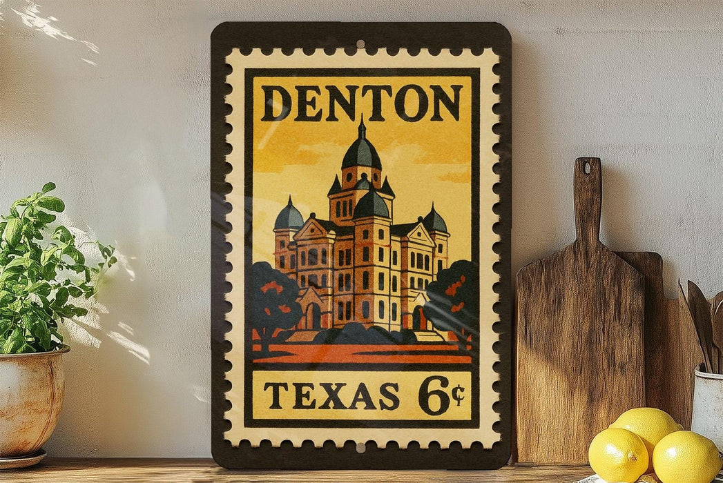 A framed vintage postage stamp depicting a building, likely the Denton Cathedral, in the center of the frame. The stamp is placed on a shelf next to a wooden cutting board and a potted plant.