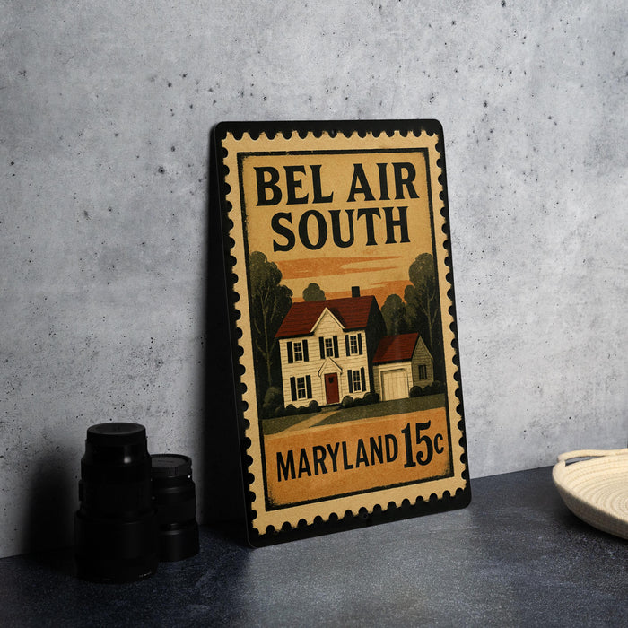 A framed poster of a house with the text "Bel Air South Maryland 15c" on it, placed on a countertop next to some black camera lenses.