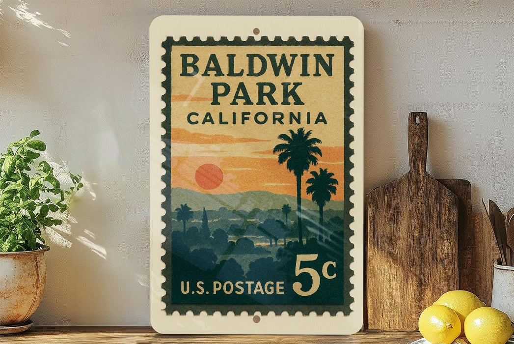 A vintage postage stamp from the United States of California, featuring a sunset landscape and palm trees, is displayed on a shelf next to a wooden cutting board and a potted plant.