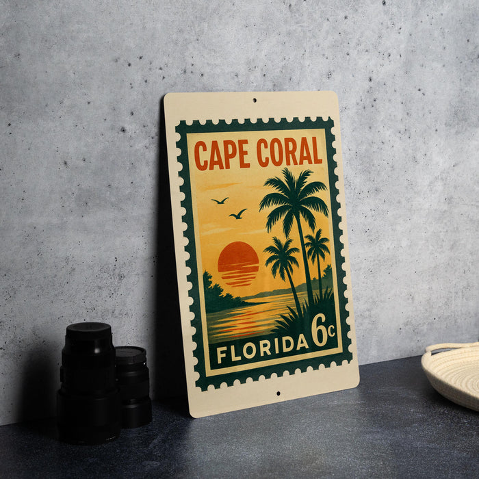 A vintage-style metal sign with a tropical beach scene and palm trees, featuring the text "CAPE CORAL FLORIDA 6c".