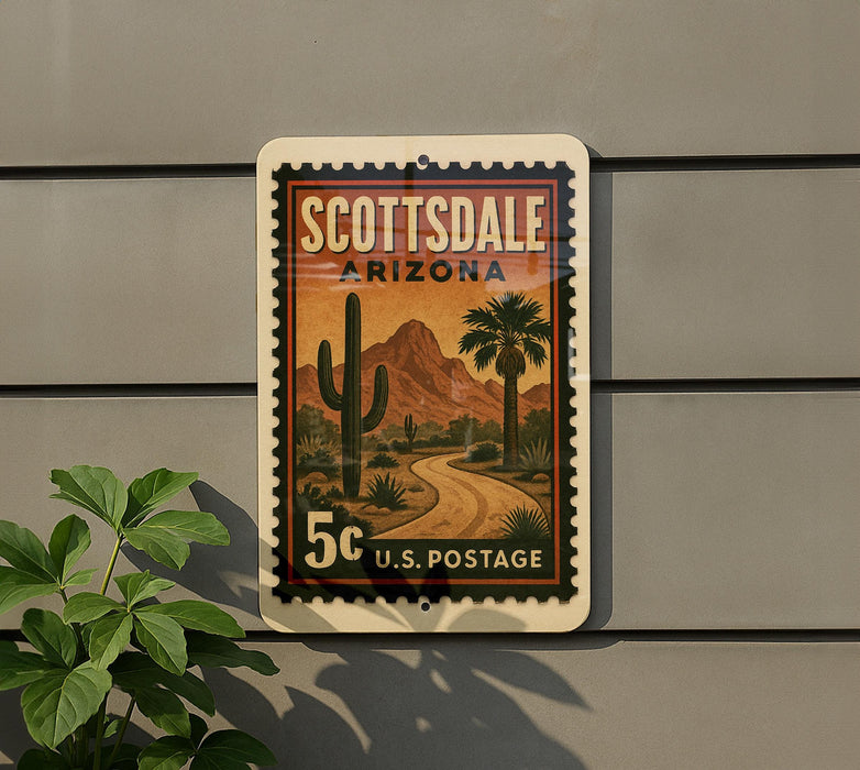 A vintage-style postage stamp from Scottsdale, Arizona, featuring a desert landscape with a cactus and mountains in the background.