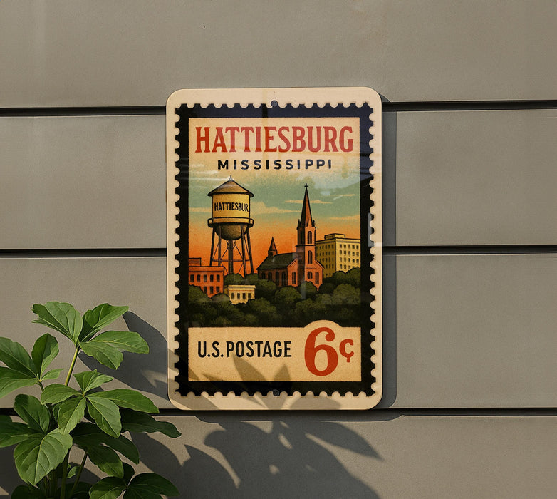 A vintage postage stamp from the United States, featuring the image of Hattiesburg, Mississippi, with a water tower and other buildings in the background.