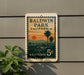 A postage stamp from Baldwin Park, California, featuring a sunset and palm trees.