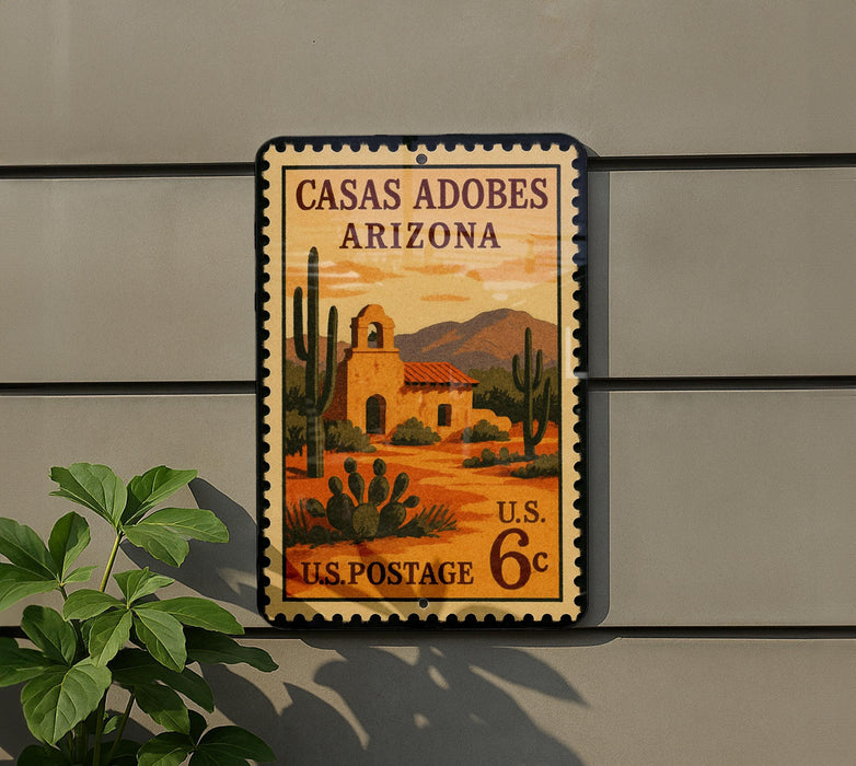 A U.S. postage stamp from Casas Adobes, Arizona, featuring a desert landscape with a bell tower and cacti.
