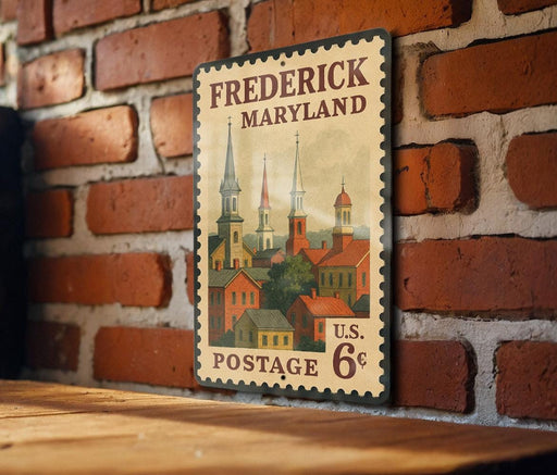 A vintage-style postage stamp from the United States of America, featuring a cityscape with buildings and spires, mounted on a brick wall.