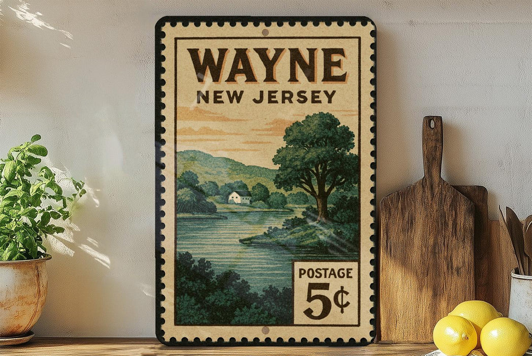A vintage-style postage stamp from Wayne, New Jersey, featuring a scenic landscape with a river and trees, displayed on a shelf next to a wooden cutting board and some lemons.