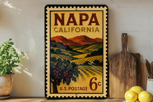 A vintage-style postage stamp from Napa, California, featuring a scenic countryside landscape with vineyards and mountains.