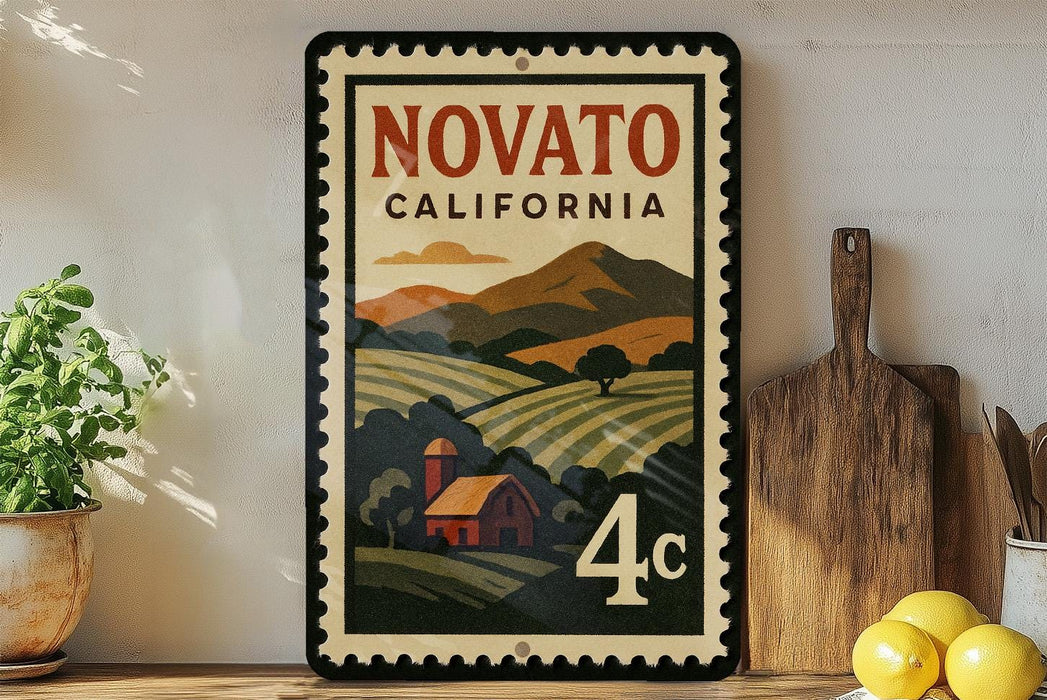 a vintage-style metal sign with a landscape scene and a barn, placed on a wooden surface next to a wooden cutting board and some lemons.