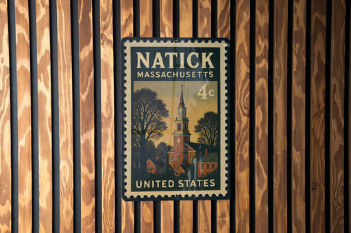 A vintage postage stamp from Massachusetts, featuring a church and trees, is displayed on a wooden wall.