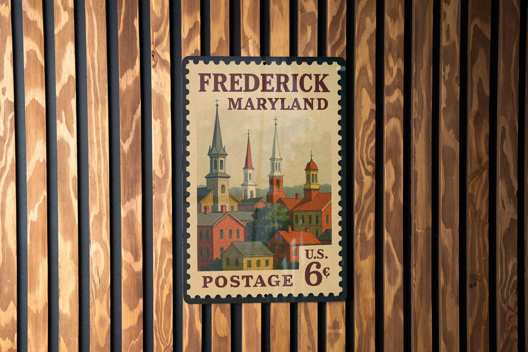 A vintage postage stamp from the United States of America, featuring a cityscape with a church spire and other buildings.