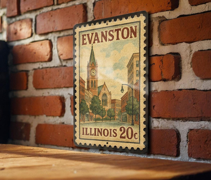 A vintage-style metal stamp depicting a cityscape with a church and buildings, mounted on a brick wall.