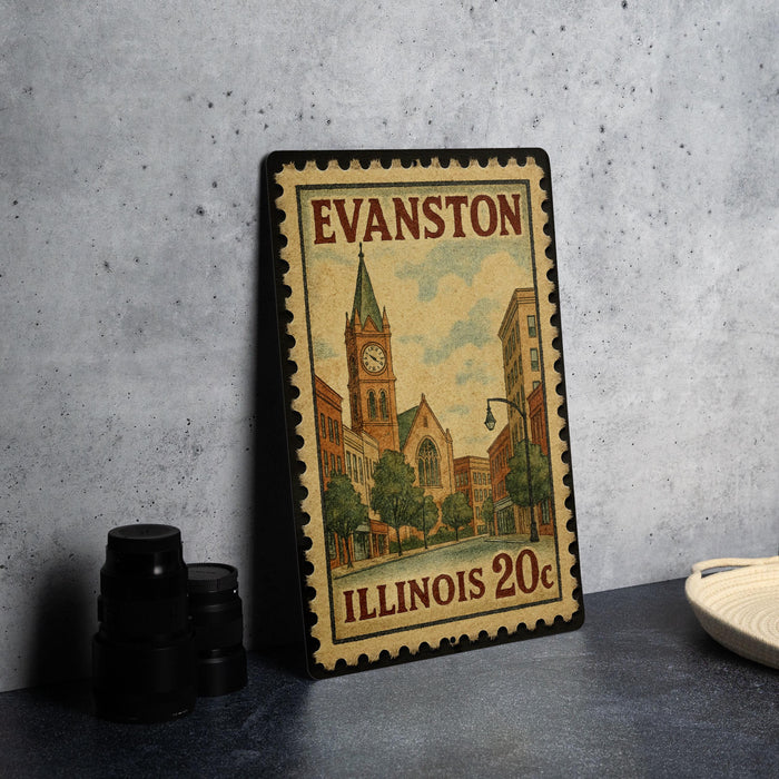 A vintage-style metal stamp depicting a cityscape with a clock tower, placed on a countertop next to some black camera lenses.