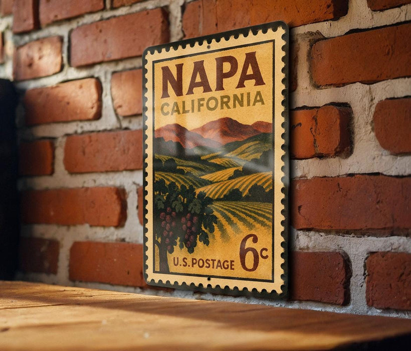 A vintage-style postage stamp from California, featuring a vineyard landscape and the text "NAPA CALIFORNIA 6c U.S. POSTAGE".