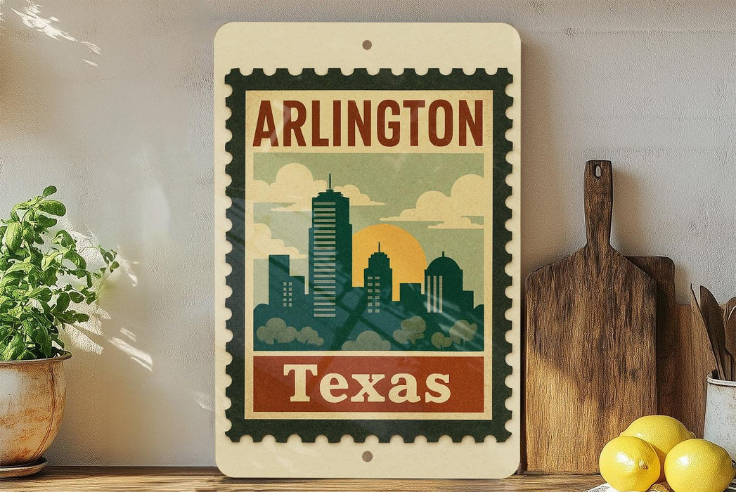 A vintage-style metal sign displaying the text "ARLINGTON TEXAS" with a stylized illustration of a city skyline.