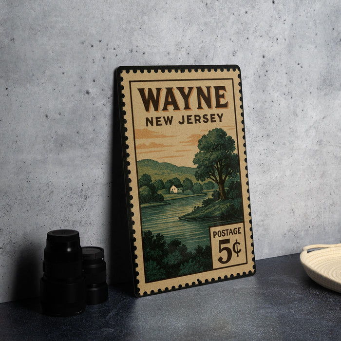 A vintage Wayne New Jersey postage stamp is displayed on a table, with a blurred background.