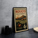 A vintage-style metal stamp with the text "NOVATO CALIFORNIA" and an illustration of a rural landscape with a house and farm.