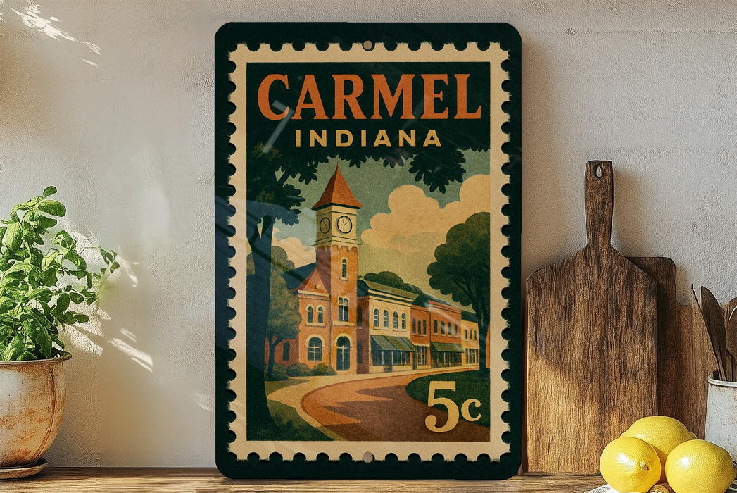 A vintage-style stamp depicting a town scene with a clock tower, surrounded by buildings and trees, with the text "CARMEL INDIANA" prominently displayed.