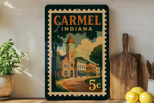 A vintage-style stamp depicting a town scene with a clock tower, surrounded by buildings and trees, with the text "CARMEL INDIANA" prominently displayed.
